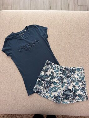 Guess Navy Tee with White & Blue Floral Shorts